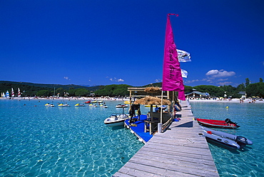 Wooden footbridge, Golf de Sta Giulia, east coast near Porto-Vecchio, Corsica, France