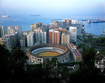 Cityscape with highrise buildings, Plaze de Toros and harbour, Mediterranean Sea, MÂ·laga, Andalusia, Spain