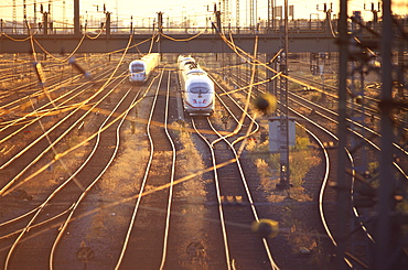 Railway tracks with an Intercity Express Train, ICE, near Munich Central Station, Muenchen Hauptbahnhof, Bavaria, Germany, Transport