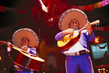 Two musicians in Traditional costume playing the guitar, Mariachi, Band, Cancun, Quintana Roo, Yucatan, Mexico