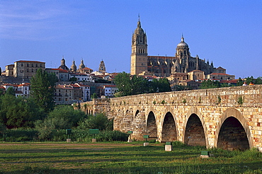 Puente Romano, Roman bridge and cathedral, Salamanca, Castilla-Leon, Spain