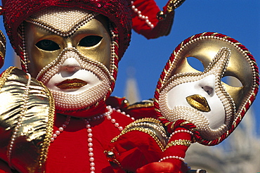 Disguised person with mask at carnival, Venice, Veneto, Italy, Europe