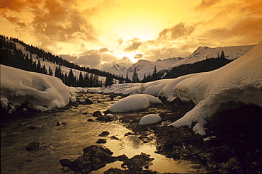 Winter landscape with stream in the evening light, Landscape, Nature