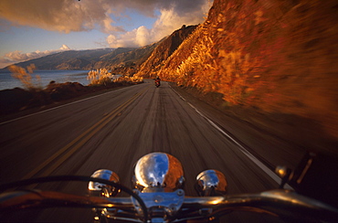 View over a handlebar at a motorbike on the highway 1, Cape San Martin, California, USA, North America, America