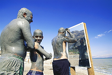 Guests covered in mud, Mizpe, Shalom, Dead sea, Israel