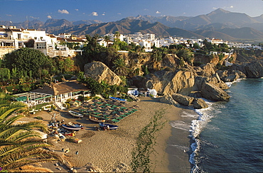 View from BalcÃ›n de Europa at beach in a bay, Costa del Sol, Province of Malaga, Andalusia, Spain, Europe