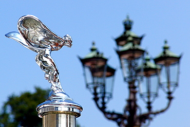 Hood ornament of a Rolls Royce Emily and street lamp, Baden-Baden, Baden-Wuerttemberg, Germany, Europe