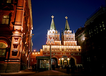 Gates to the Red Square at night, Moscow, Russia