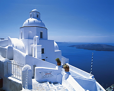 Bright white church with sea view, Thira, Santorini, Greece