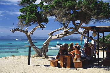 People at a beach bar, De Ilettes, Formentera Balearic Islands, Spain, Europe