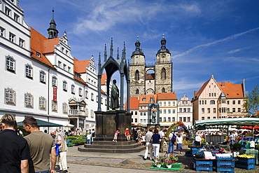 Market square with town hall, St. Mary's church and monuments of Luther and Melanchthon, Wittenberg, Saxony Anhalt, Germany, Europe