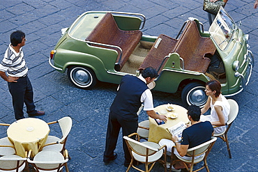 Oldtimer and people at a cafe, Piazza del Duomo, Amalfi, Campania, Italy, Europe