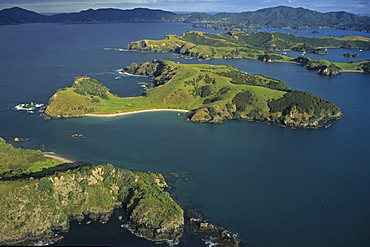 Aerial view of green islands and bays, Bay of Islands, North Island, New Zealand, Oceania