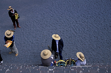 View from the pyramid of sun onto group of people, Teotihuacan, Mexico