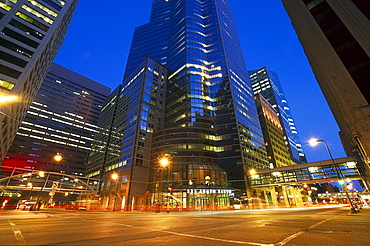Street and high rise buildings at night, Twin Cities, Minneapolis, Minnesota USA, America