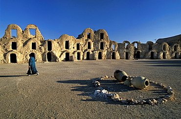 Ghorfas, granaries of the berbers under a blue sky, Tunesia