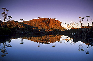 Early morning mirrored reflection of Mount Geryon in Lake Elysia, Overland Track, Cradle Mountain-Lake St Clair National Park, Tasmania, Australia