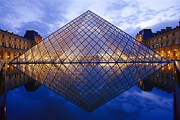 Glass pyramid and Louvre in the evening, Paris, France, Europe