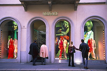 People in front of the shop windows of a boutique, Via Monte Napoleone, Milan, Lombardia, Italy, Europe