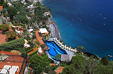 View to the pool of the hotel Le Agavi, Positano, Amalfitana. Campania, Italy