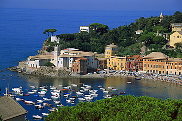 View at a bay with boats and the town of Sestri Levante, Riviera di Levante, Liguria, Italy, Europe