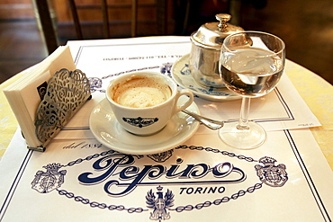 Cup of coffee on a table, Cafe Pepino, Torino, Piedmont, Italy, Europe