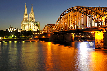 Cologne Cathedral and Deutzer Bridge, Rhein, Cologne, North Rhine-Westphalia, Germany