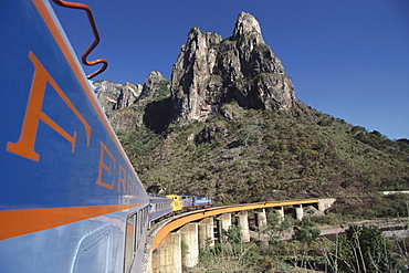 Train 'El Pacifico' under blue sky, Mexico, America