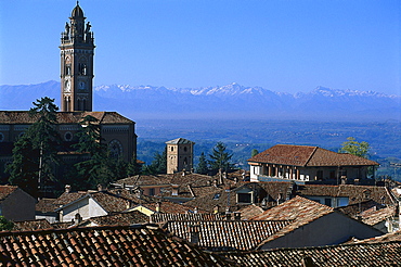 Roofs and steeple of the village Monforte d' Alba, Piedmont, Italy, Europe