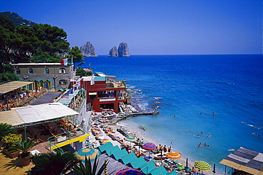 View at people on the beach under blue sky, Bagni Internazionali, Marina Piccola, Capri, Italy, Europe