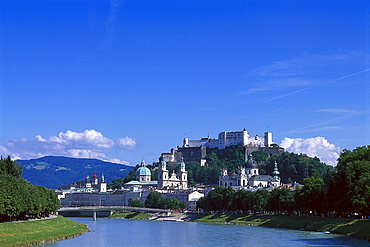 View at old town with cathedral and Fort Hohensalzburg at Salzach river, Salzburg, Salzburger Land, Austria, Europe