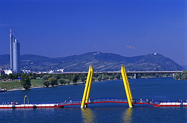 View at Danube, Danube Island, Millenniumtower and Leopoldsberg, Vienna, Austria, Europe