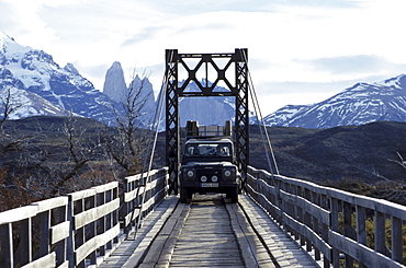 Car on wooden bridge, Torres del Paine, Patagona, Chile, South America, America