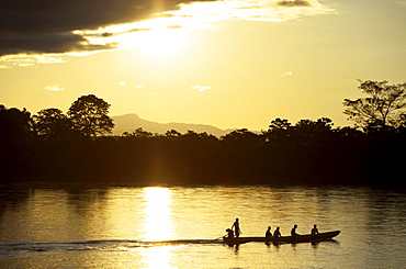 Boat on river Rio Beni at sunset, Rurrenabaque, Bolivia, South America, America