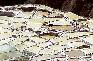 View at salt basin in the mountains, Maras, Peru, South America, America