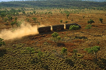 aerial view of cattle truck on dirt road, Kimberley, Western Australia, Australia