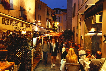 Restaurants in the Rue du Suquet, old town of Le Suquet, Cannes, Cote dÂ¥Azur, France