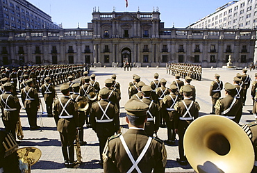 Changing of the guard, soldiers standing in front of the Palacio de la Monea, Santiago, Chile