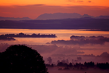 View on Chiemsee Lake and Islands, Ratzinger Hoehe near Rimsting, Bavaria, Germany