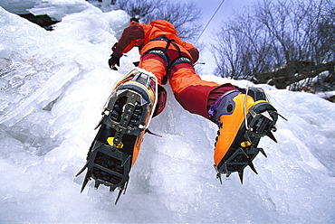 Man with crampons at an ice face, Sand in Taufers, South Tyrol, Italy, Europe