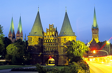 The illuminated Holstentor at night, Luebeck, Schleswig Holstein, Germany, Europe