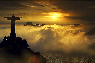 Aerial view of Corcovado statue at sunset, Rio de Janeiro, Brazil, South America, America