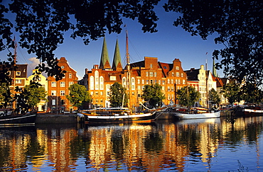 Houses at Holsten harbour in the light of the evening sun, Luebeck, Schleswig Holstein, Germany, Europe