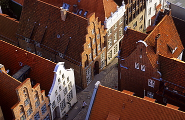 High angle view at gabled houses, Grosse Petersgrube, Luebeck, Schleswig Holstein, Germany, Europe