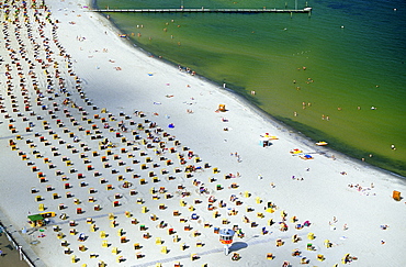 High angle view at beach with beach chairs, Travemuende, Schleswig Holstein, Germany, Europe