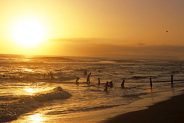 Family Fun at Sunset, Kekaha Beach Park, Kekaha, Kauai, Hawaii, USA