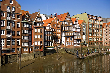 Picturesque brick-lined houses at Deichstrasse, Hamburg, Germany