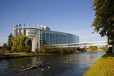 View over the Ill to the European Parliament, View over the Ill with rowboat to the European Parliament, Strasbourg, Alsace, France