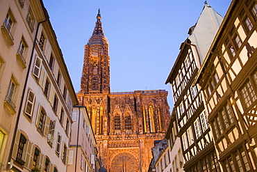 View through the Rue Merciere to the Our Lady's Cathedral, View through the Rue Merciere to the western facade and north tower of the Our Lady's Cathedral Cathedrale Notre-Dame, Rue Merciere, Strasbourg, Alsace, France