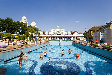 Open-air area of the Gellert Baths, People in the open-air area of the Gellert Baths, Buda, Budapest, Hungary